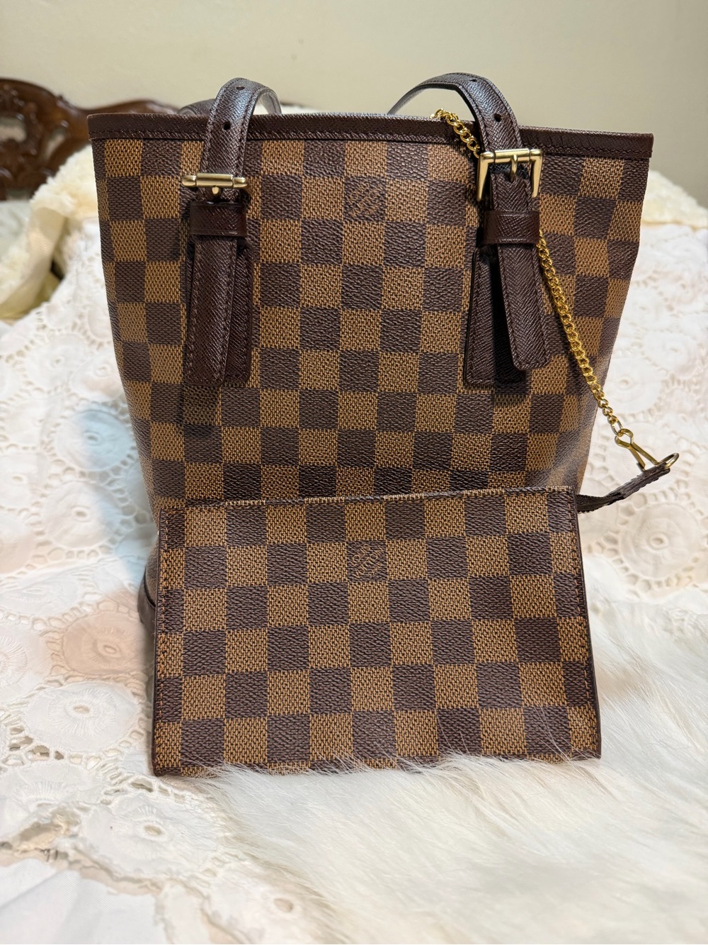 Louis Vuitton Marais Bucket Bag in Damier Ebene and LV Pouch